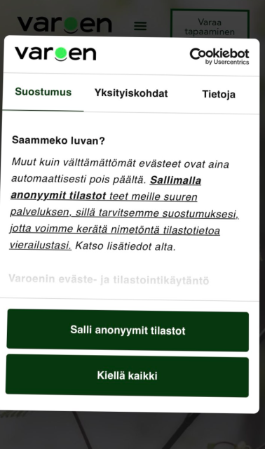 Varoen evästebanneri mobiili