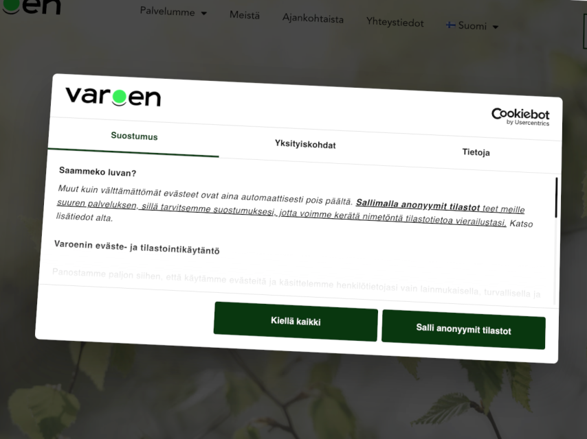 Varoen evästebanneri